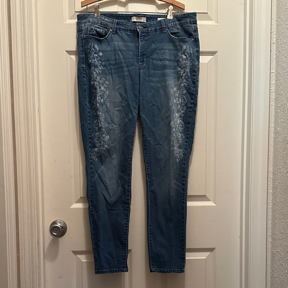 Vintage America Blue Embroidered Skinny Jeans Floral Bleach Wash Print